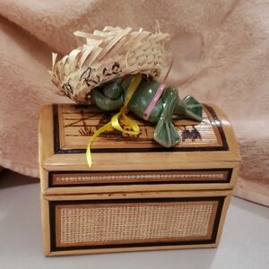 Decorative Wooden Box with Frog  With hat Figurine From Puerto Rico